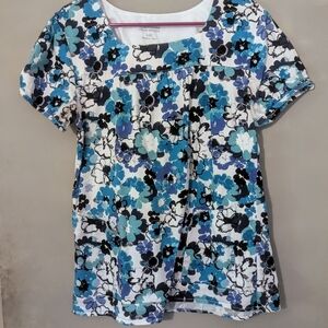 Landau Blue and Black Floral Short Sleeve Top